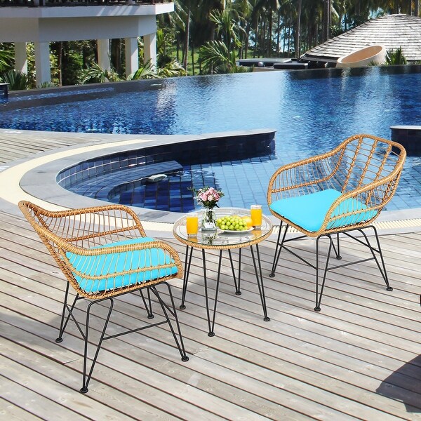 Costway 3PCS Patio Rattan Bistro Furniture Set Cushioned Chair Table