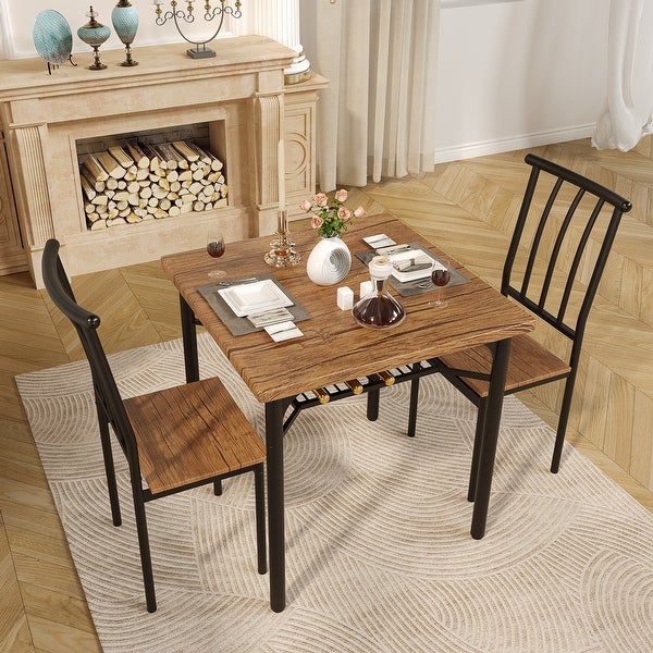 Dining Table Set， Kitchen Table and Chairs for 2 with Wine Rack， 3 Piece Metal and Wood Square Dining Room Table Set