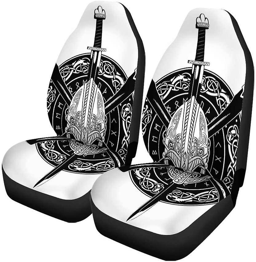 Set Of 2 Car Seat Covers Viking Helmet Crossed Axes Wreath Of Scandinavian Pattern Universal Auto Front Seats Protector Fits