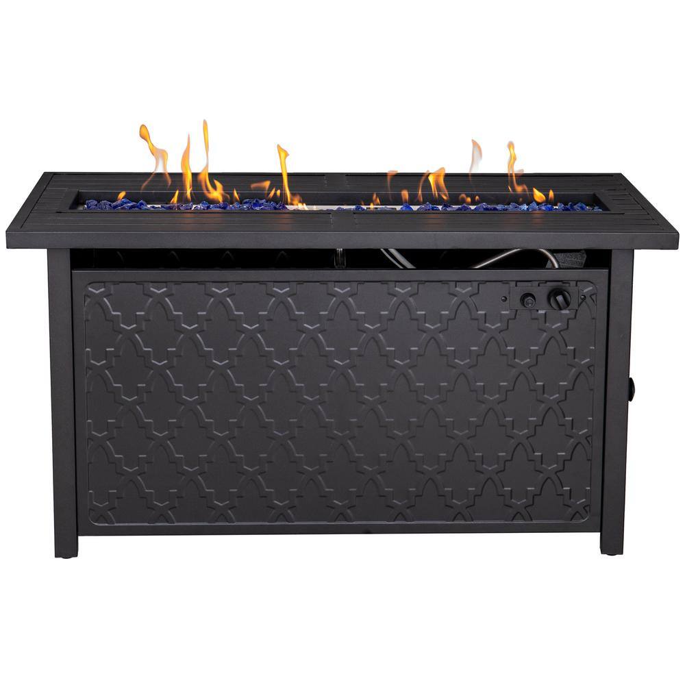 PHI VILLA Leather Grain 44.88 in. x 24.8 in. 50000 BTU Rectangle Metal Gas Fire Pit Table with Lid and Blue Fire Glass THD-E02GS007