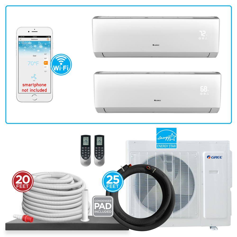 GREE Ultra ENERGY STAR 2-Zone 25000 BTU 2 Ton Wi-Fi Ductless Mini Split Air Conditioner Heat Pump w 25 ft. Install Kit 230V MULTIU24HP213