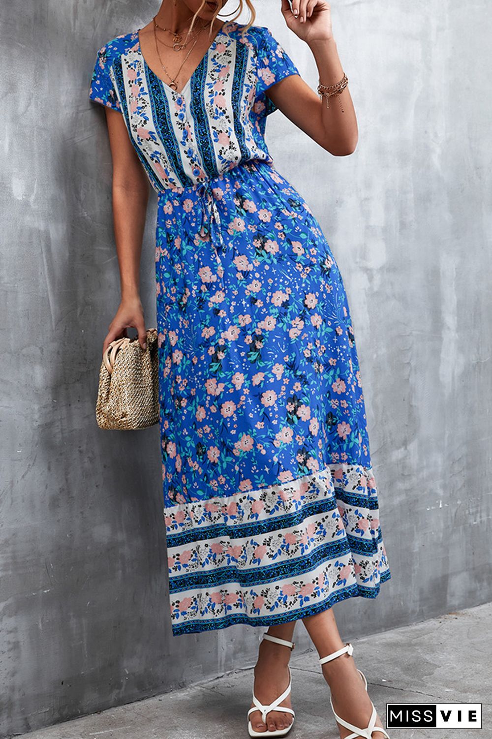 Floral Print Short Sleeve Long Dress Wholesale