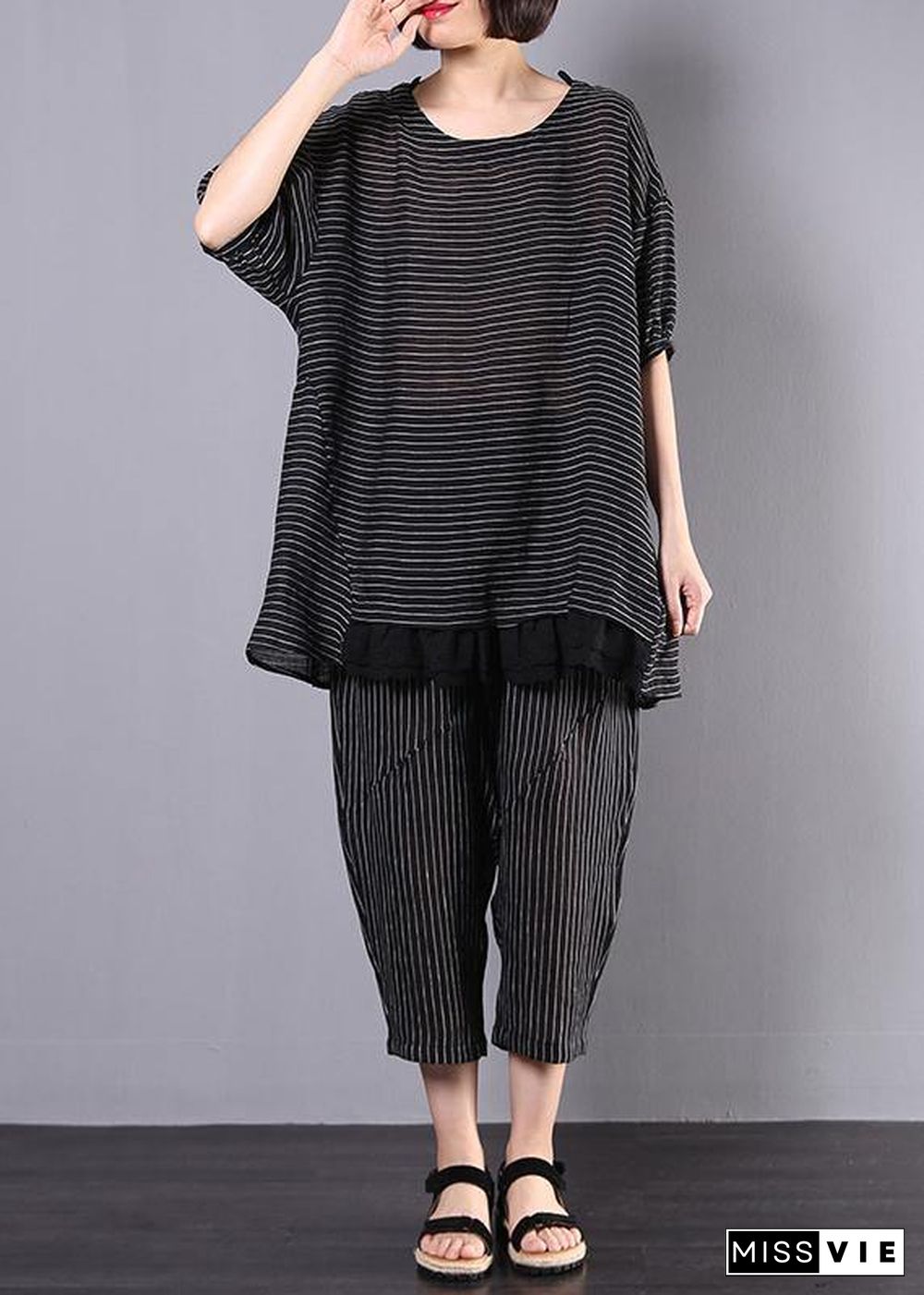 summer casual two pieces black striped patchwork tops and elastic waist women pants