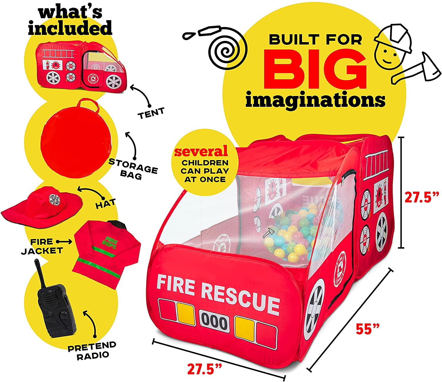 Fire Truck Pop Up Play Tent | Siren Sound Button | Firefighter Costume, Jacket and Hat– Red Fire Engine Playhouse for Kids, Toddlers, Boys, Indoors and Outdoors – Quick Setup Pretend Play Toys and Gift