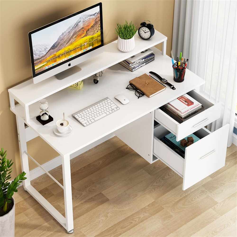 47 Inches White Computer Desk with Hutch  Home Office Desks with 2 Drawers Storage