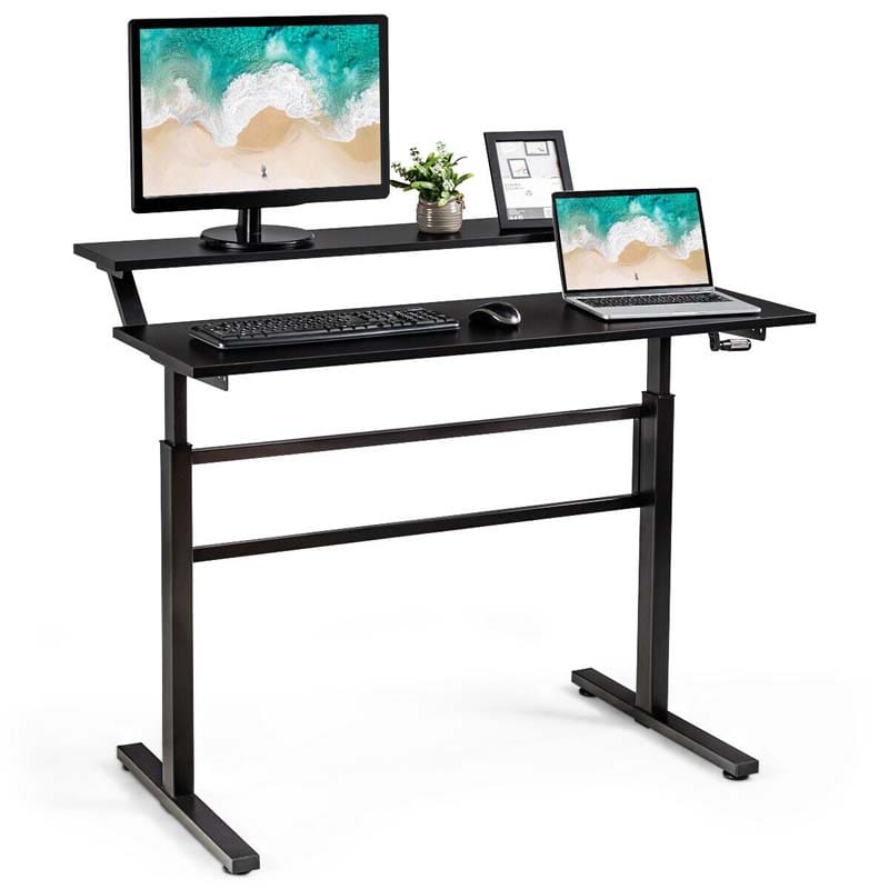 2-Tier Standing Desk, Height Adjustable Sit Stand Up Desk, Computer Desk Workstation with Monitor Stand & Foldable Crank Handle