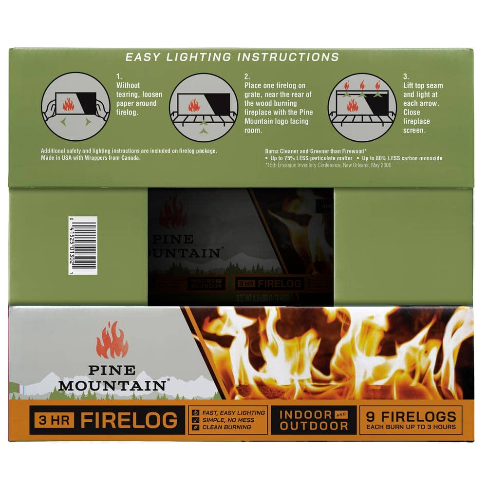 Pine Mountain Traditional 3-Hour Firelogs， Long Burning Firelog for Fireplace， Campfire， Fire Pit， Indoor and Outdoor Use (9-Pack) 501-160-805