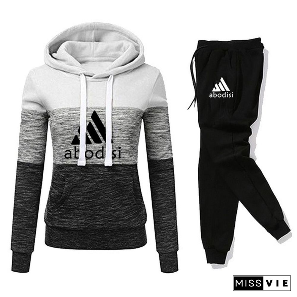 New Arrival Women Hoodie Set Sportwear Suit Casual Jacket Sweatshirt + Pants 2 Pcs Set Splice Tracksuit Suit