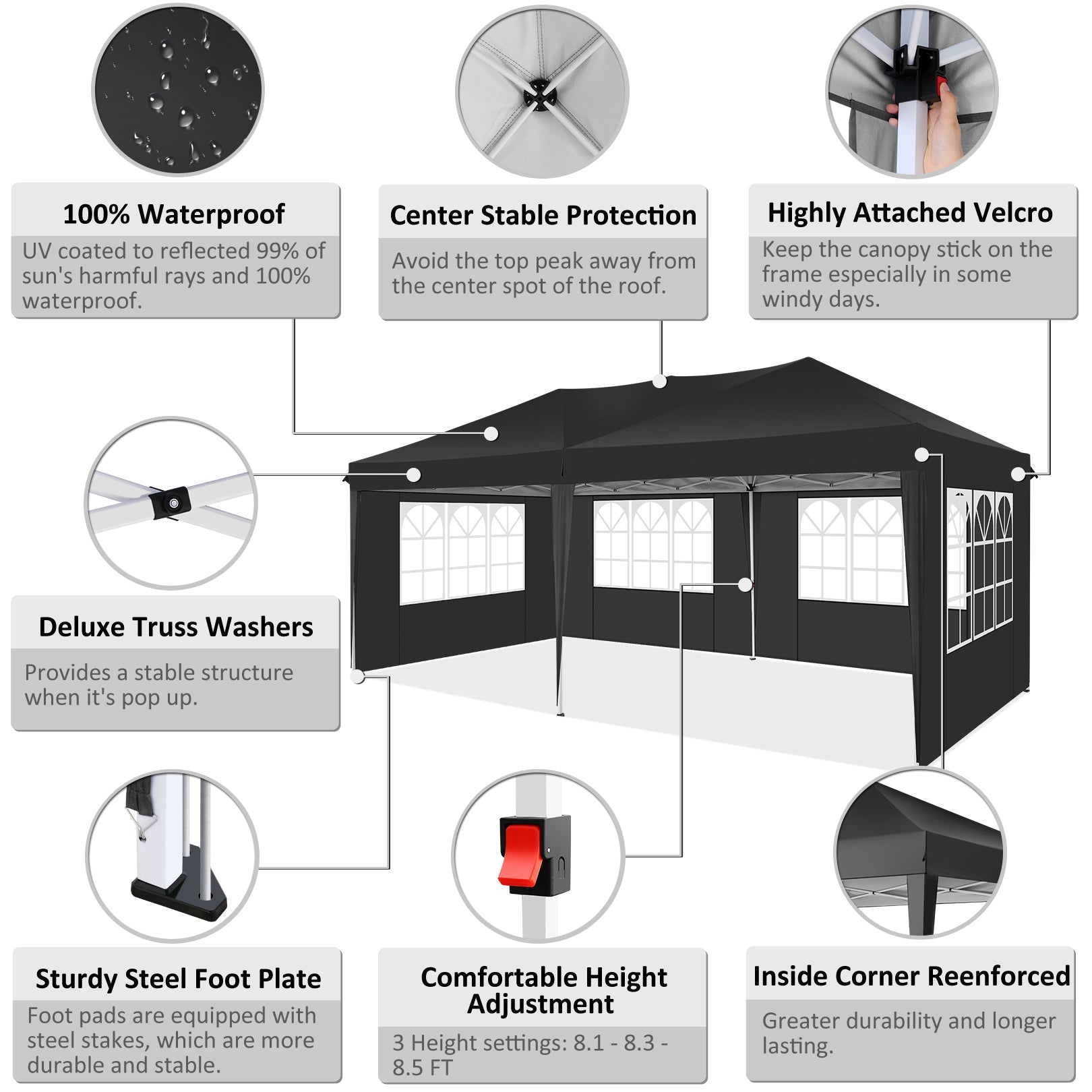 10' x 20' Outdoor Canopy Tent EZ Pop Up Backyard Canopy Portable Party Commercial Instant Canopy Shelter Tent Gazebo with 6 Removable Sidewalls & Carrying Bag for Wedding Picnics Camping, Black