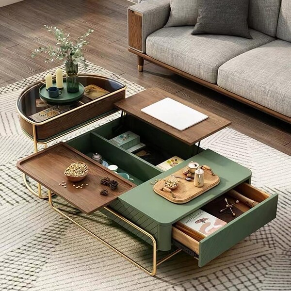 39.37'' Modern Lift-top Nesting Coffee Table Set with Drawer-- Green