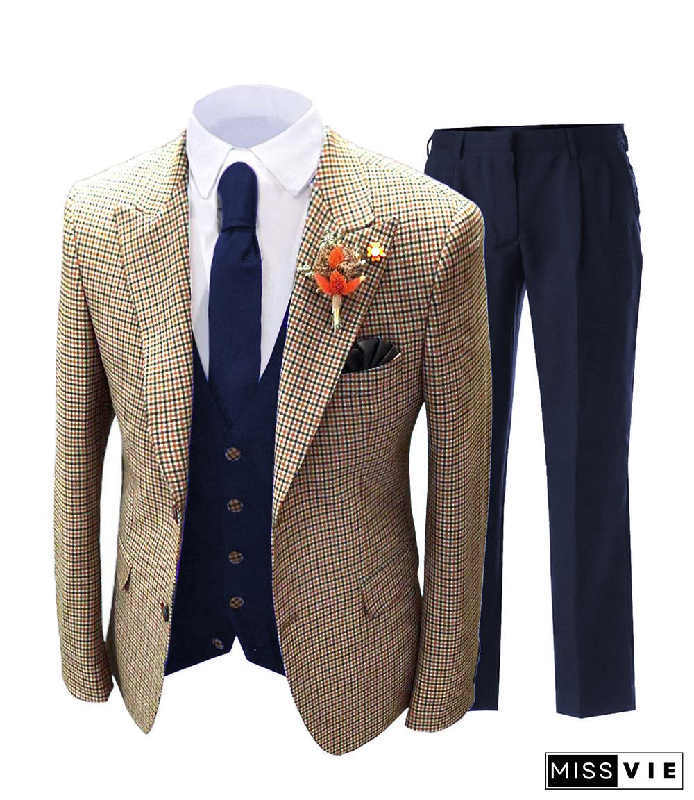 Men's 3 Pieces Houndstooth Peak Lapel Tuxedos (Blazer+vest+Pants)