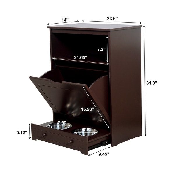 Pet Feeder Station Cabinet End Table with Storage， Stainless Bowl