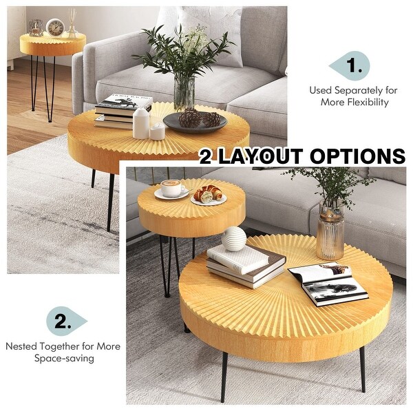 Round Coffee Table Set of 2， Modern Farmhouse End Tables with Natural Finish， Aesthetic Line Design， - as picture