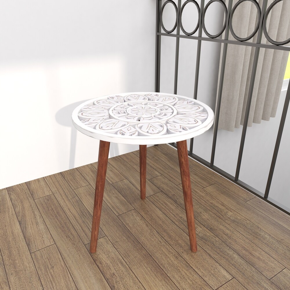 Wood Handmade Intricately Carved Floral Accent Table with 3 Slender Legs