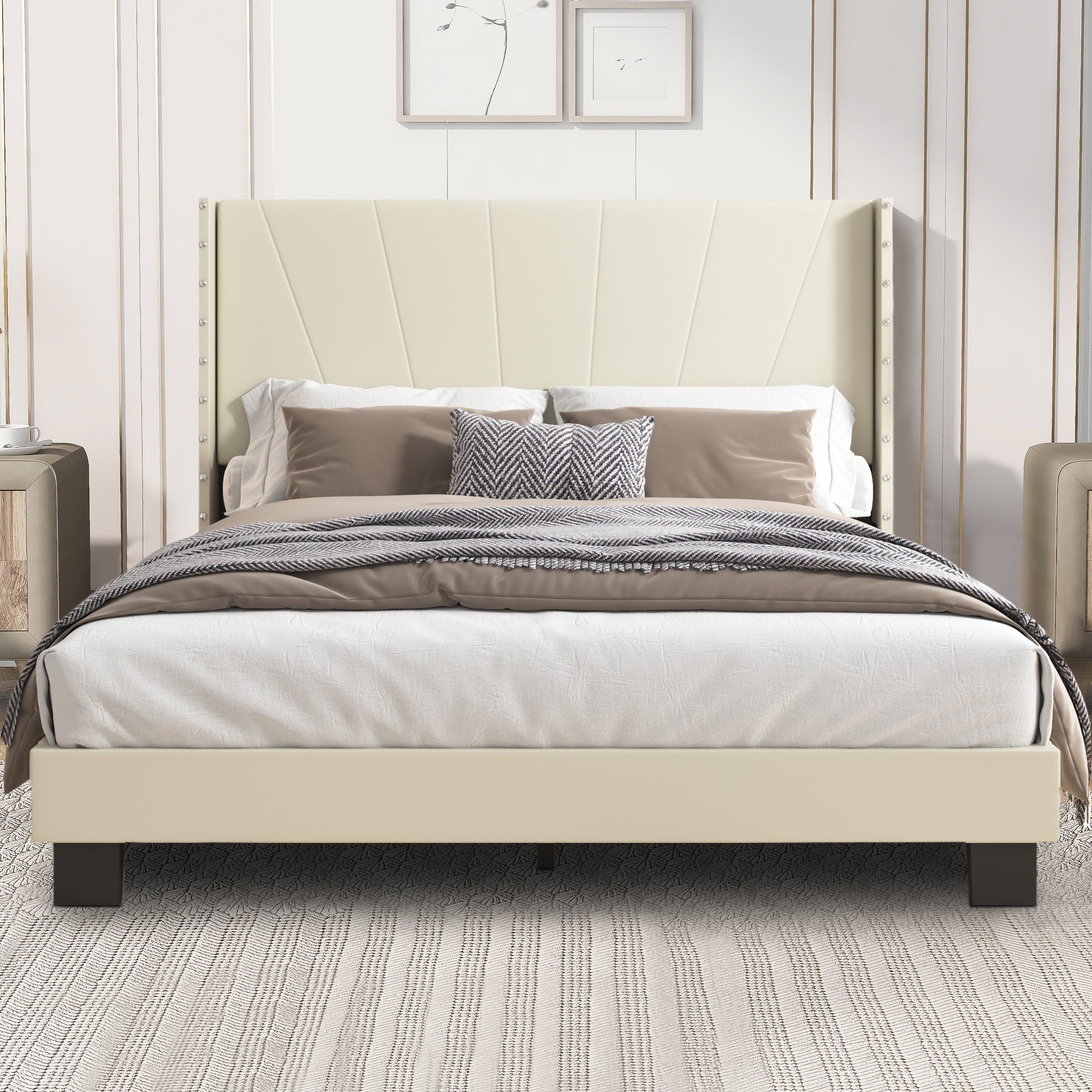 Beige Full Bed Frame for Adults Kids, Modern Fabric Upholstered Platform Bed Frame with Headboard, Full Size Bed Frame Bedroom Furniture with Wood Slats Support, No Box Spring Needed