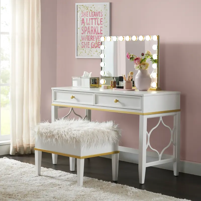 Emma White and Gold Vanity and Vanity Stool