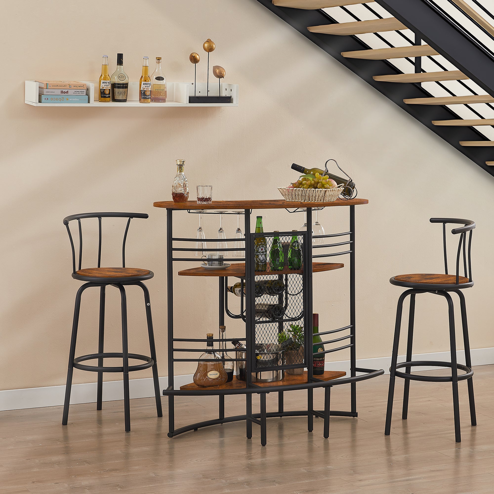 VECELO Oval Bar Table with Wood Counter Top and Wine Rack Storage， Wine Bakers Rack for Kitchen Dining Room， Brown