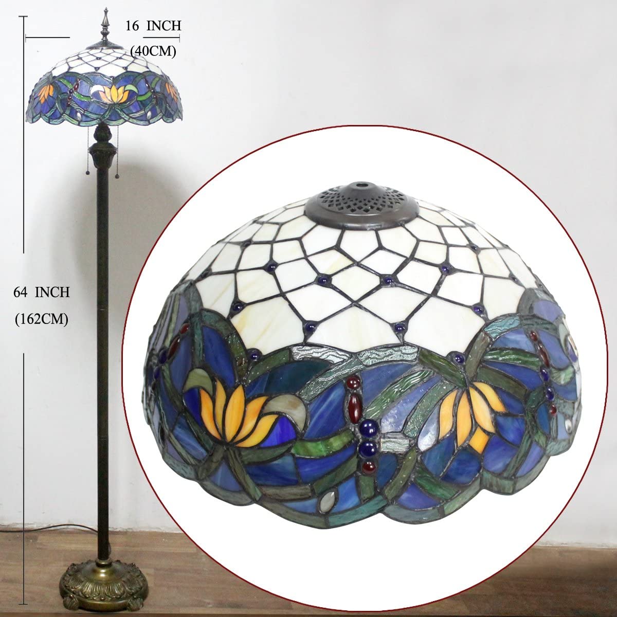 BBNBDMZ Tiffany Floor Lamp Blue Lotus Stained Glass Flower Standing Reading Light 16X16X64 Inches Antique Pole Corner Lamp Decor Bedroom Living Room  Office S220 Series