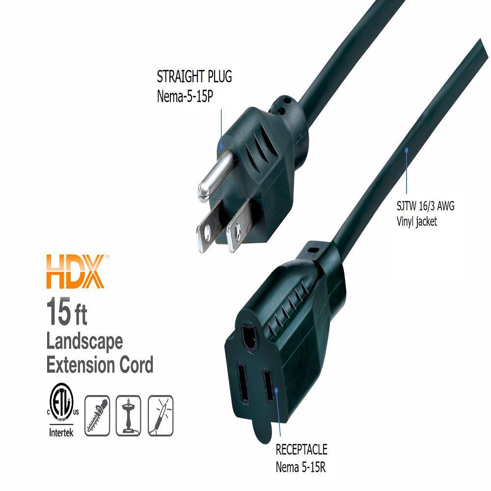 HDX 15 ft. 163 IndoorOutdoor Landscape Extension Cord Green SJTW16315GN