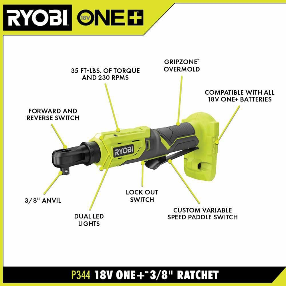 RYOBI ONE+ 18V Cordless 3/8 in. 4-Postion Ratchet Kit with 1.5 Ah Battery and Charger P344K1