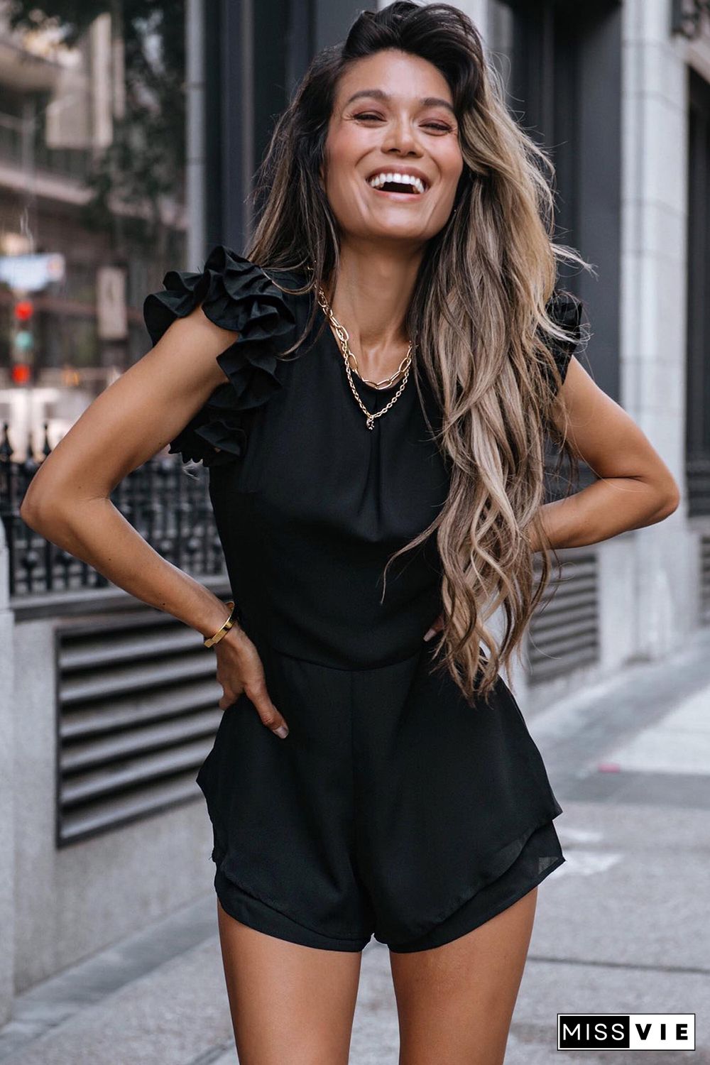 Black Ruffle Sleeves Solid Romper