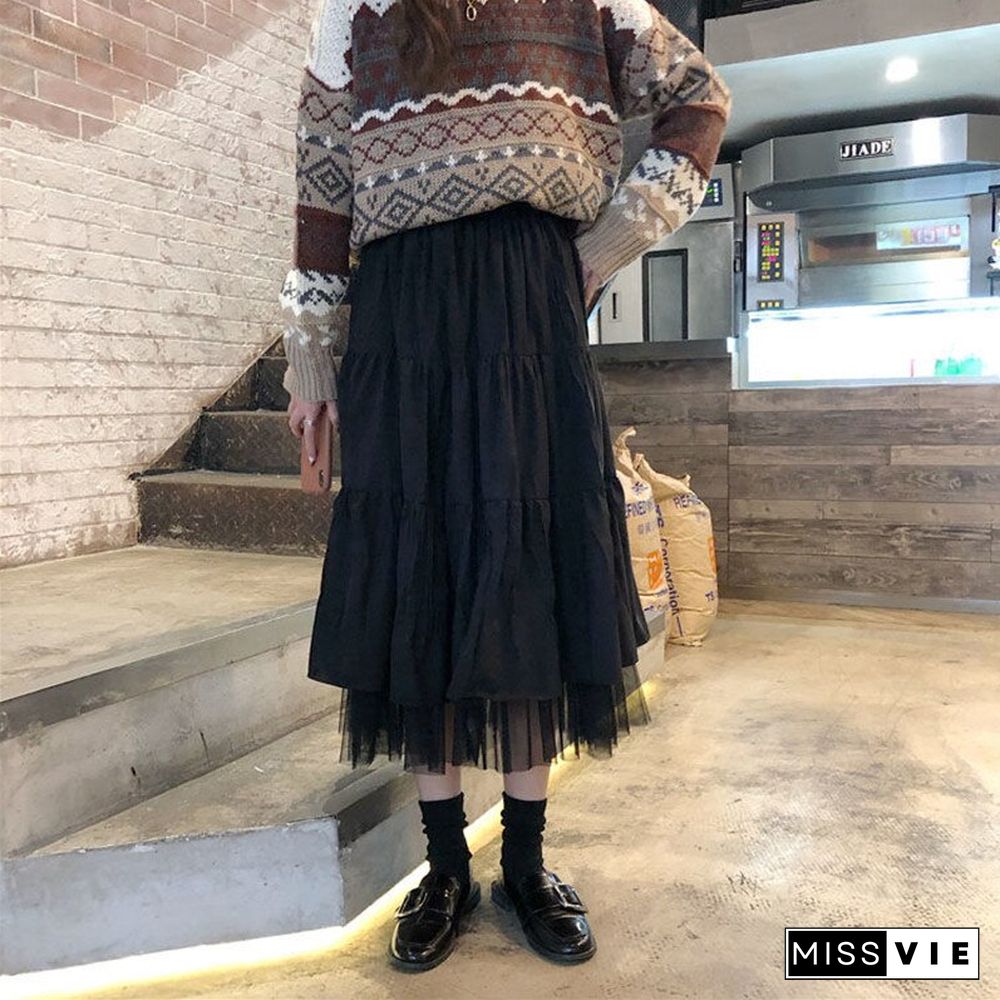 Long Tulle Midi Skirts Womens Autumn Elastic High Waist Mesh Tutu Pleated Skirts Female Black White Long Skirt Streetwear