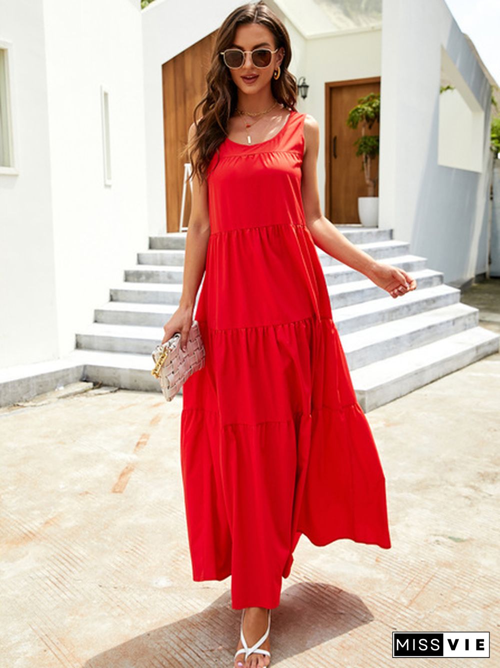 Solid Ruffle Hem Tank Maxi Dress