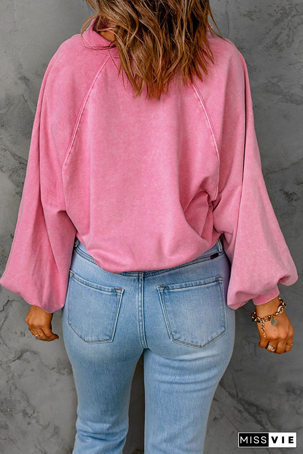 Pink Washed Snap Buttons Lantern Sleeve Pullover Sweatshirt