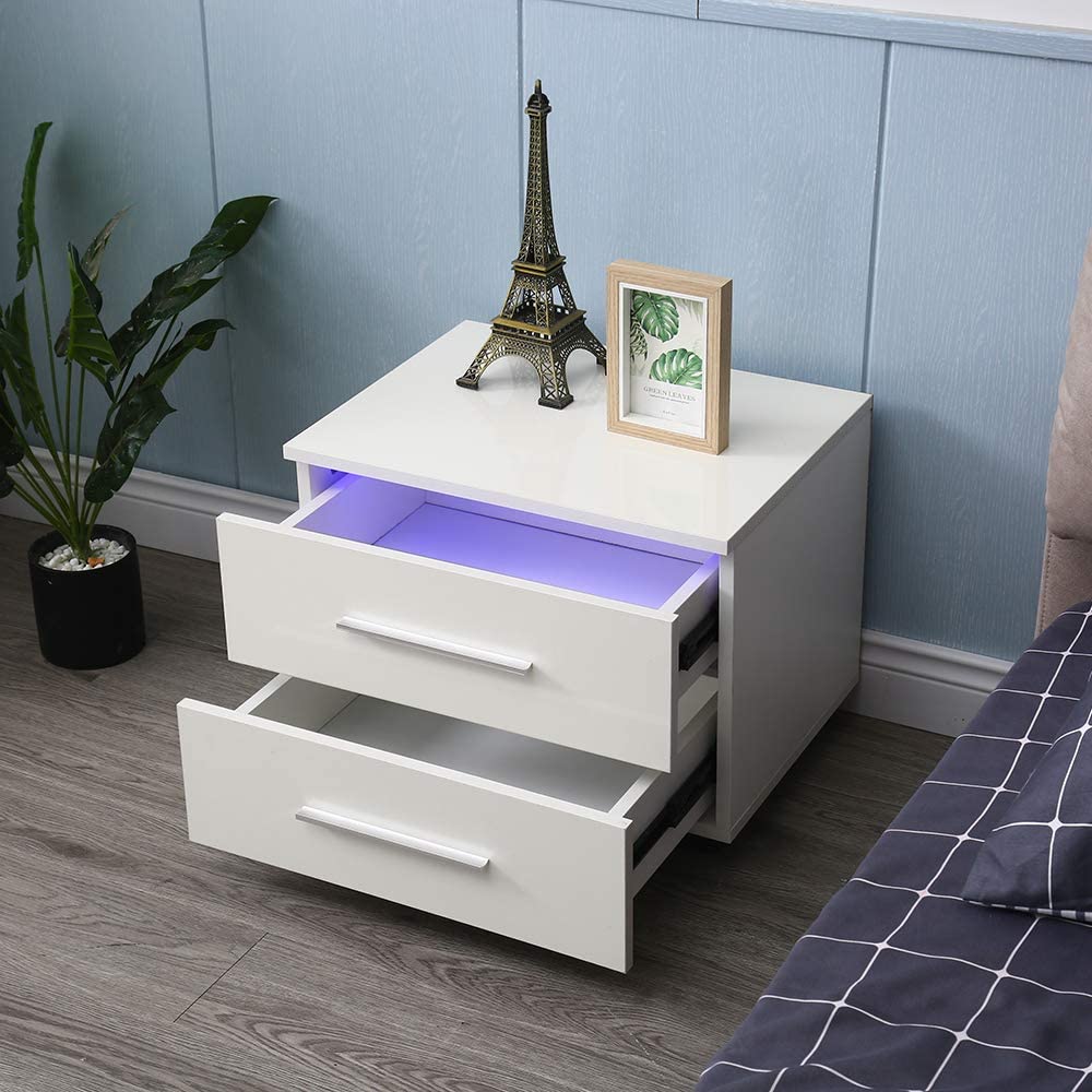 TFCFL 2 Layer End Bedside Table Modern LED Light Nightstand with Drawer Storage White