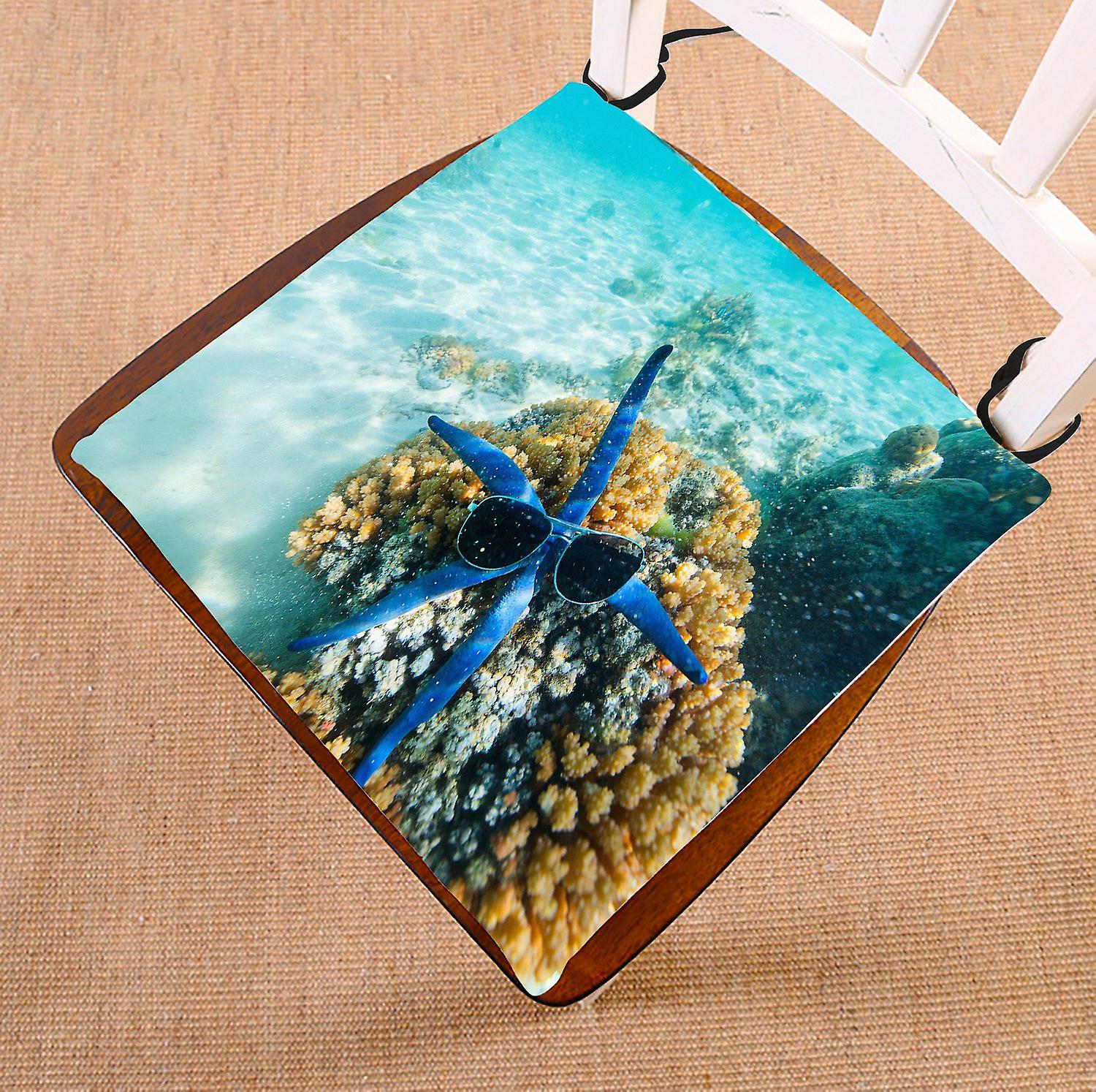 Underwater World Chair Pad， Blue Starfish Sea Star With Sunglasses Seat Cushion Chair Cushion Floor Cushion 50x50 Cm