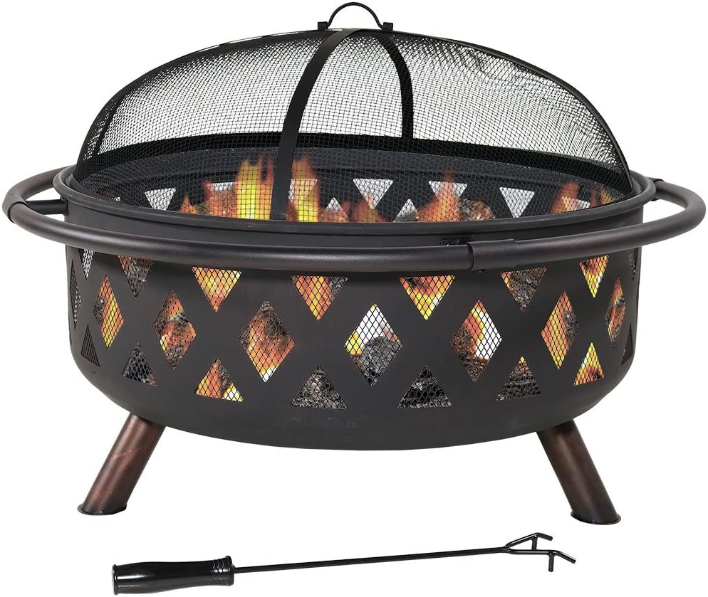 Sunnydaze Black Crossweave Large Outdoor Fire Pit - 36-Inch Heavy-Duty Wood-Burning Fire Pit with Spark Screen for Patio and Backyard Bonfires - Includes Poker and Round Fire Pit Cover