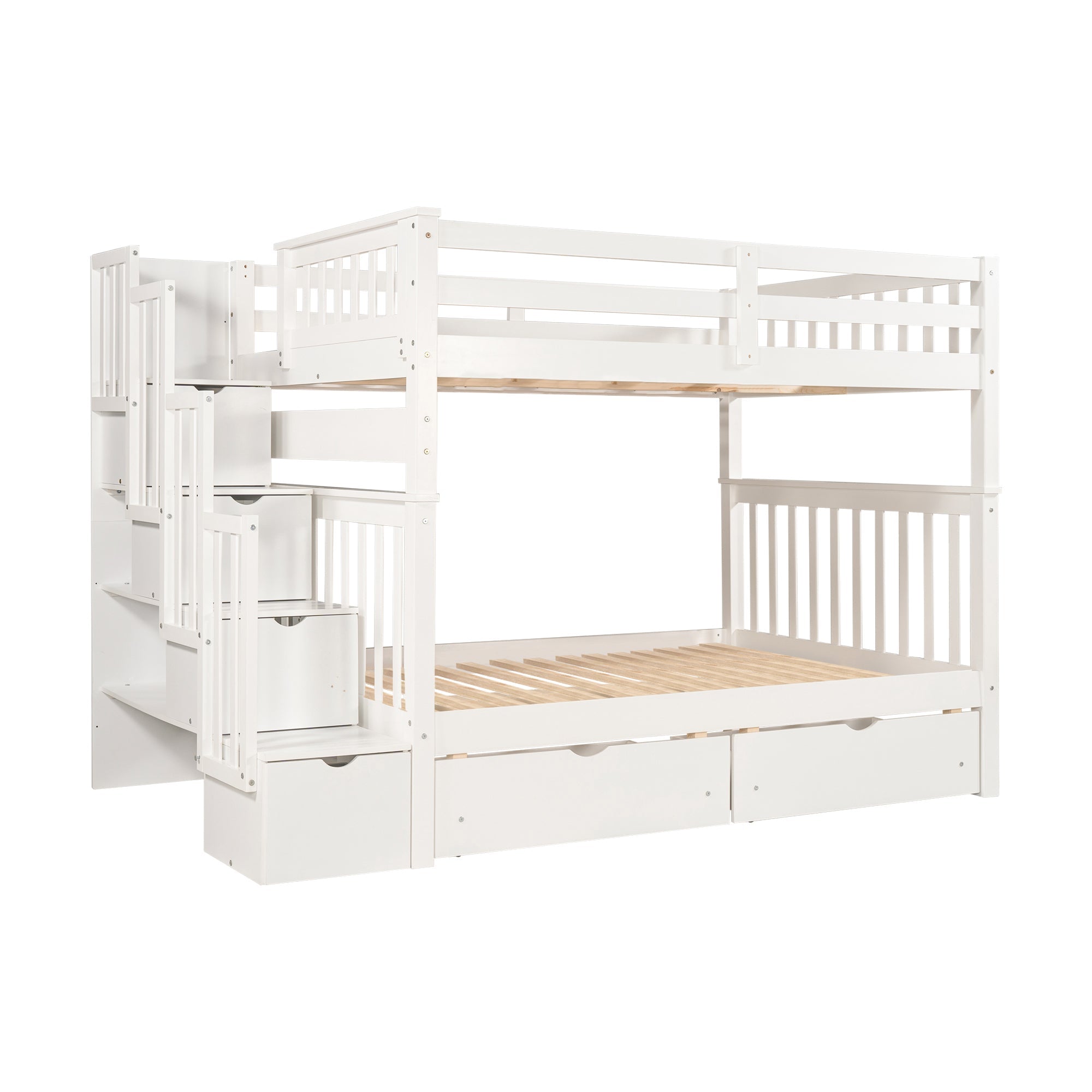 Bellemave Full Over Full Bunk Bed with Stairs and 6 Storage Drawers, Solid Wooden Detachable Bunk Bed Frame with Storage Shelves for Kids Teens Adults (White)