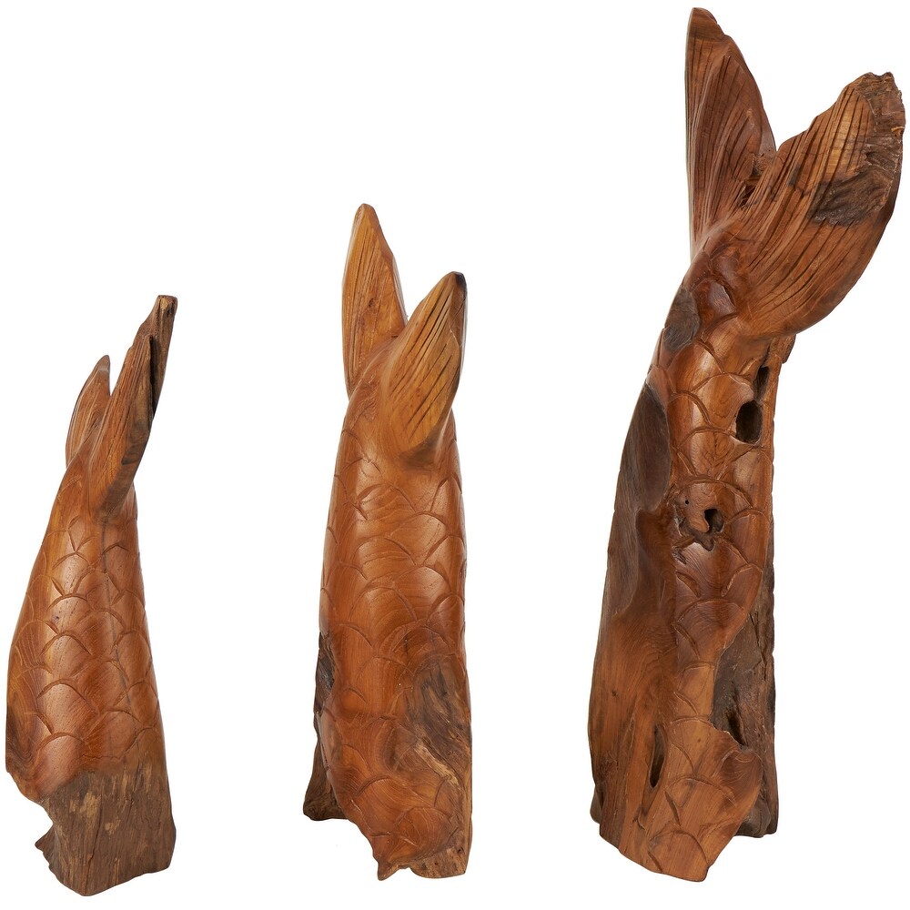 Brown Teak Wood Handmade Tail Live Edge Whale Sculpture with Intricate Carvings (Set of 3)