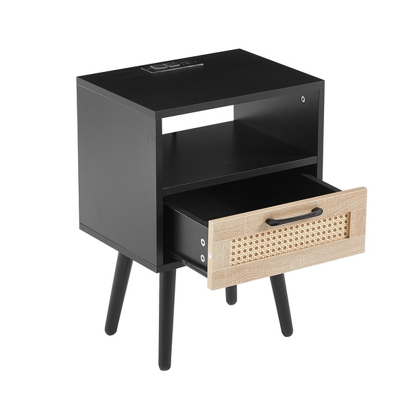 Modern Side table with Drawer and Solid Wood Legs，Rattan Nightstand with Power Outlet and USB Ports