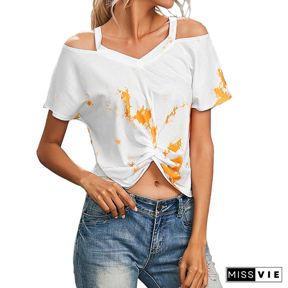 White Women Print Crop Top Summer Off Shoulder Short T-Shirt Spaghetti Strap Short Sleeve For Ladies Casual Female Clothes D30