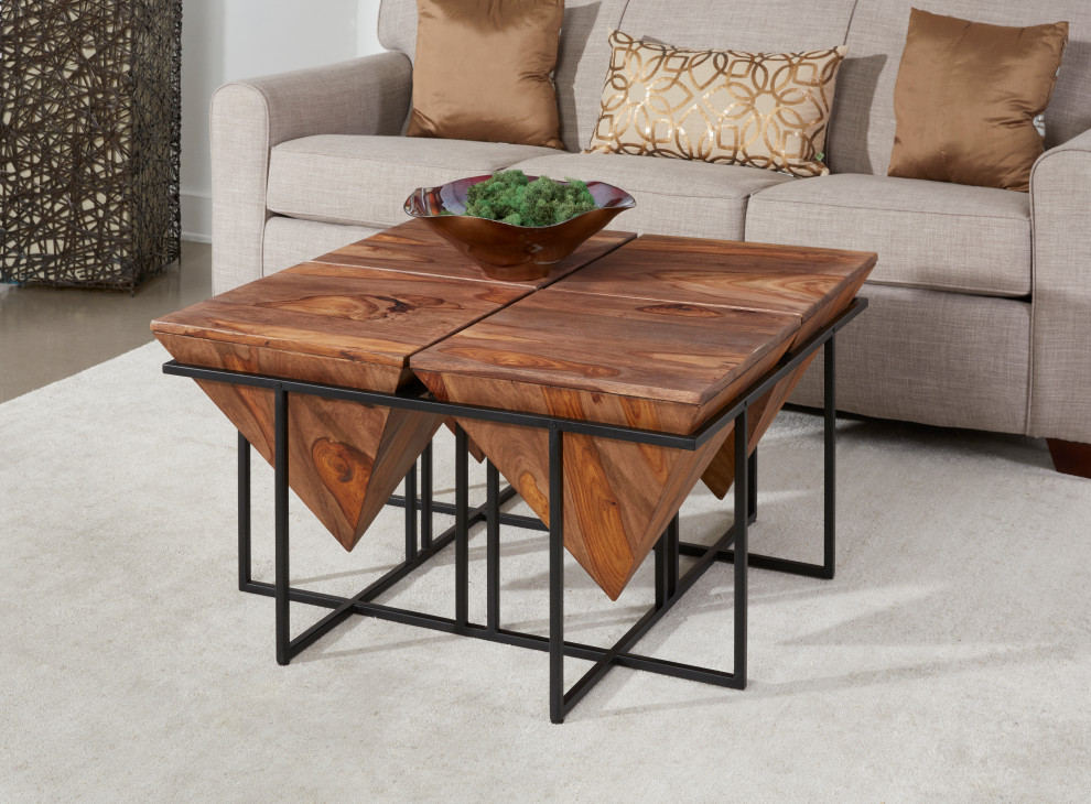 Mack Modern Sheesham Wood Square Pyramid Cocktail/Coffee Table Black Metal Legs   Industrial   Coffee Tables   by Coast to Coast Imports  LLC  Houzz