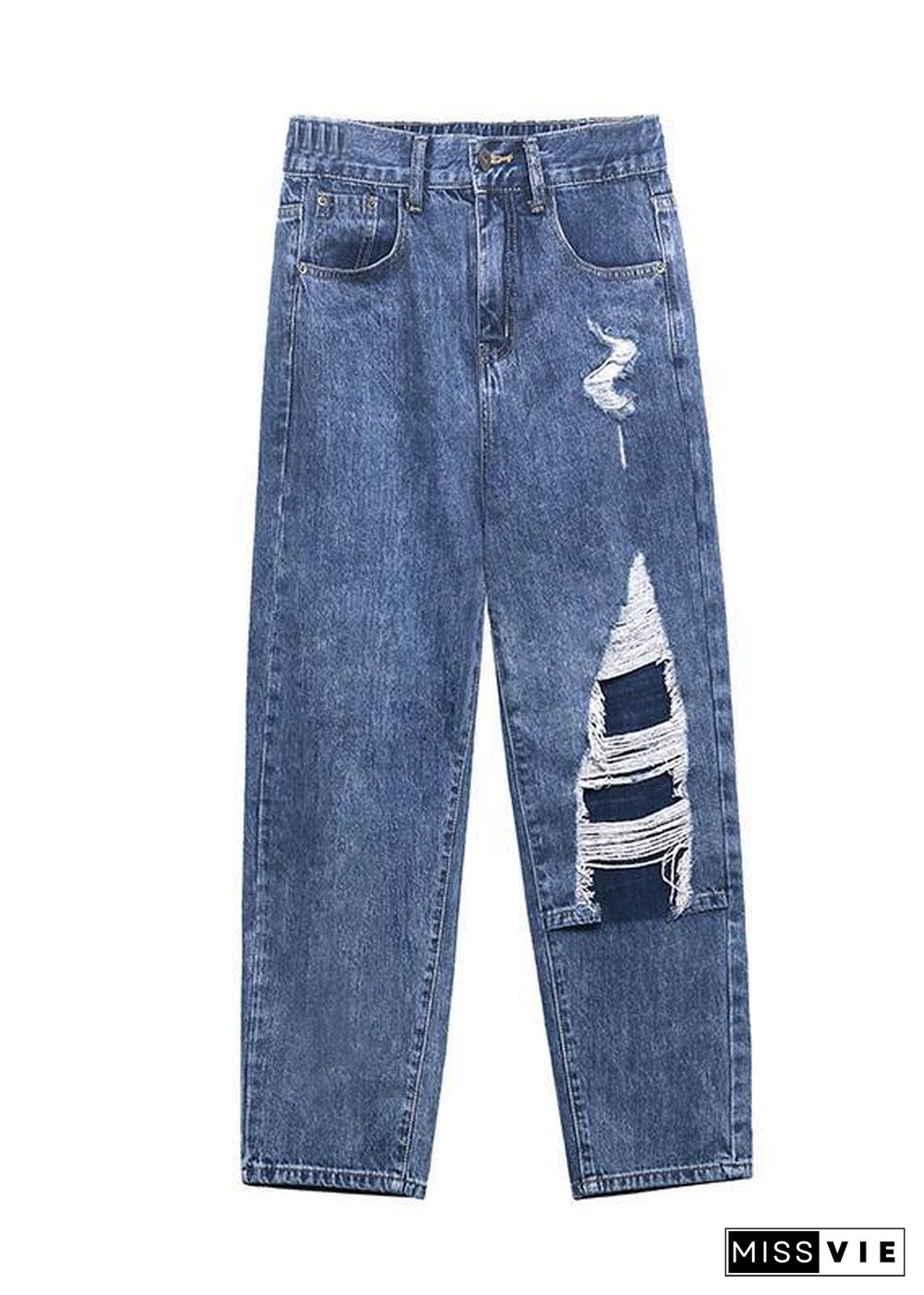 French Blue Cotton Hole Patchwork Casual Jeans Pants