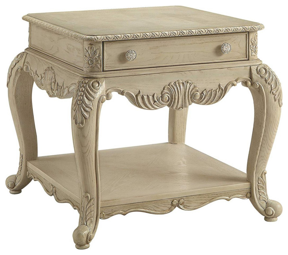 Classic End Table  Cabriole Legs  ampSquare Top With Unique Carving  Antique White   Victorian   Side Tables And End Tables   by Decor Love  Houzz