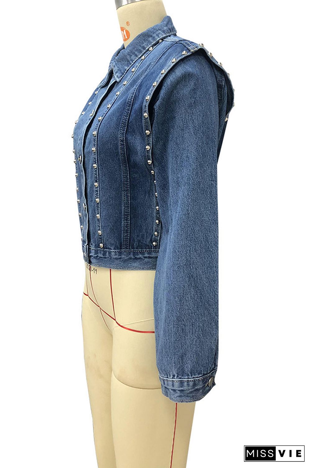 Turn Down Collar Beading Button Closure Denim Jacket Women Wholesale