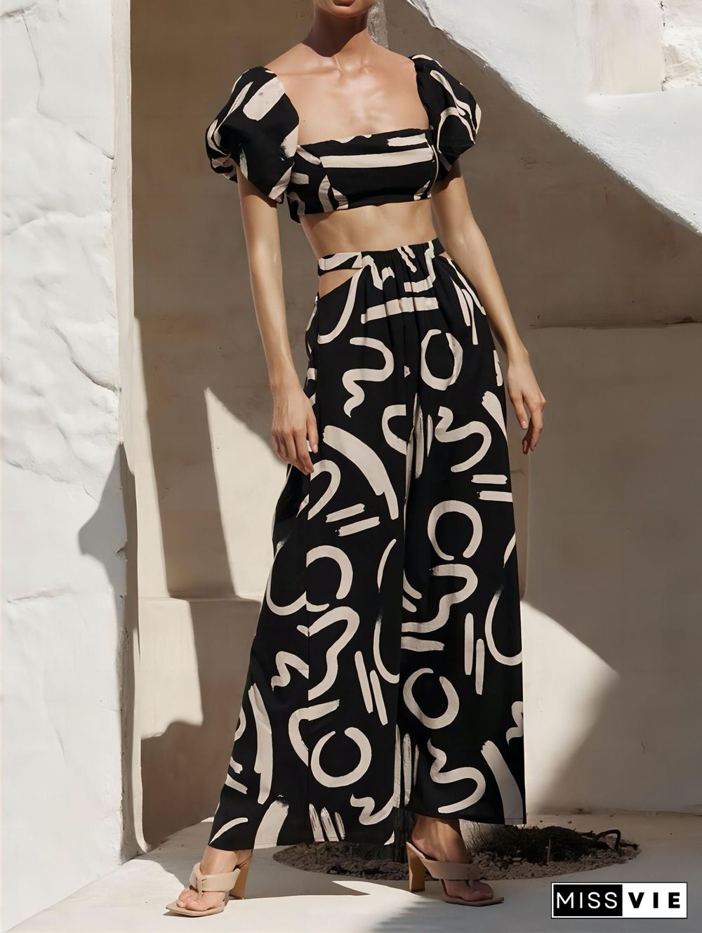 Puff Sleeve Top Hollow Out Big Swing Long Skirt Suit