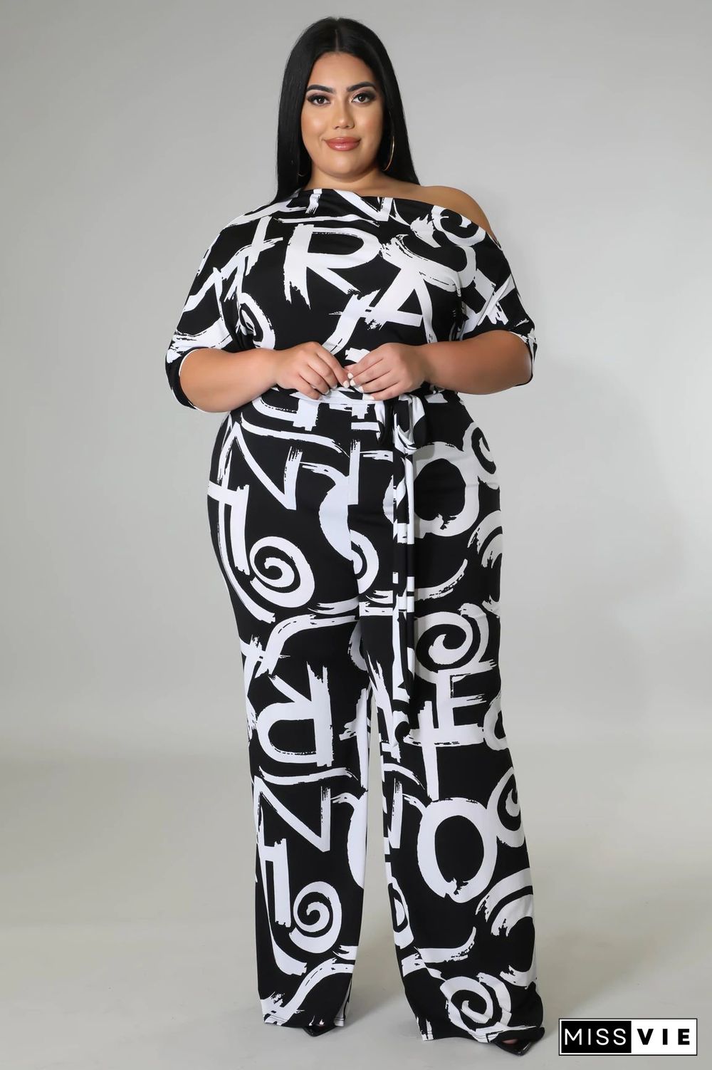 Off-the-shoulder Printed Plus Size Wide Leg Jumpsuit