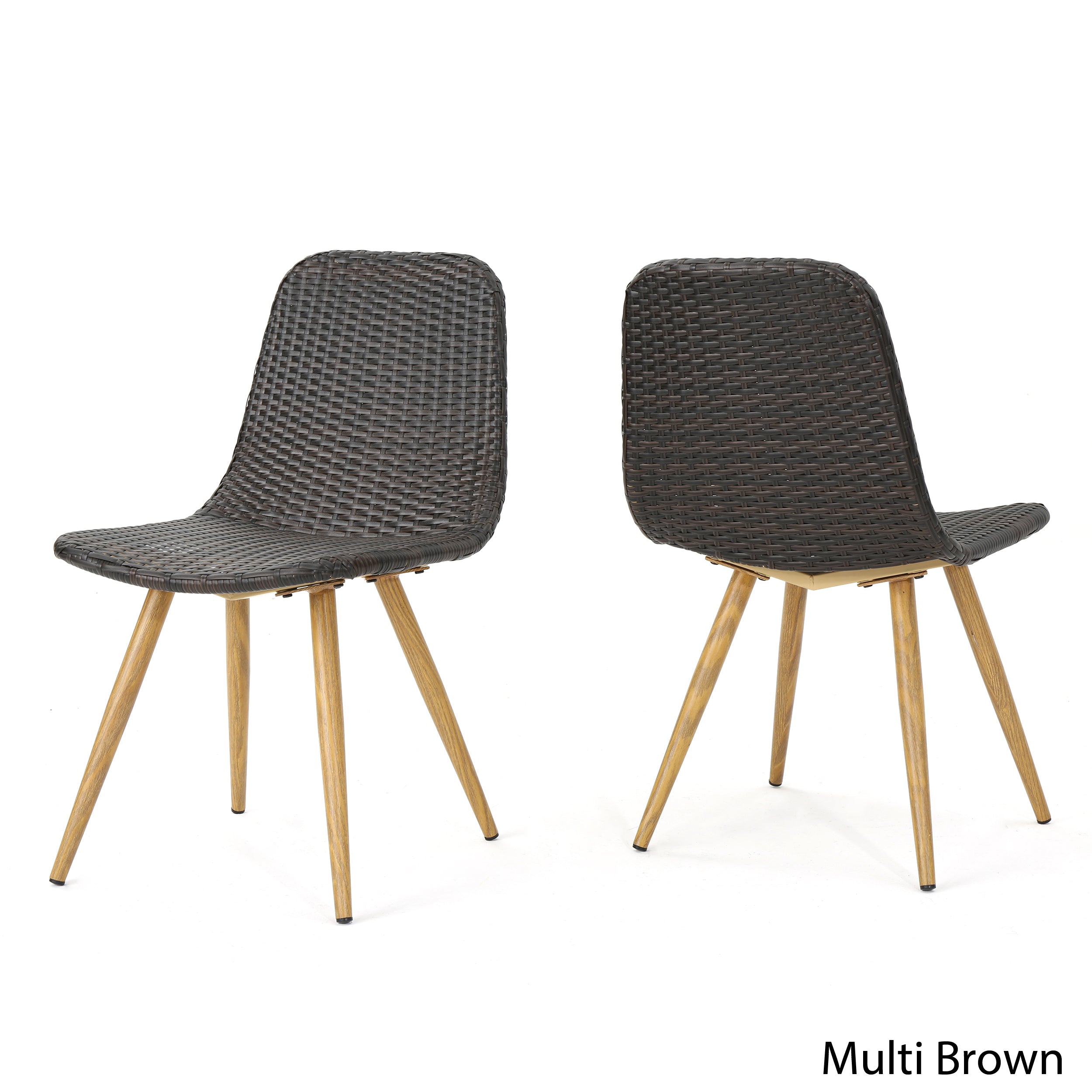 Gilda Outdoor Multi-Brown Wicker Dining Chairs With Wood Finished Metal Legs