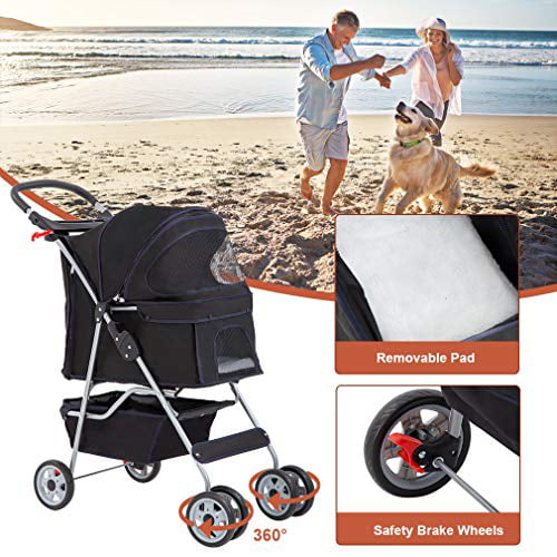 Bestpet 4 Wheels Pet stroller for Cats and Dogs， Folding， Black