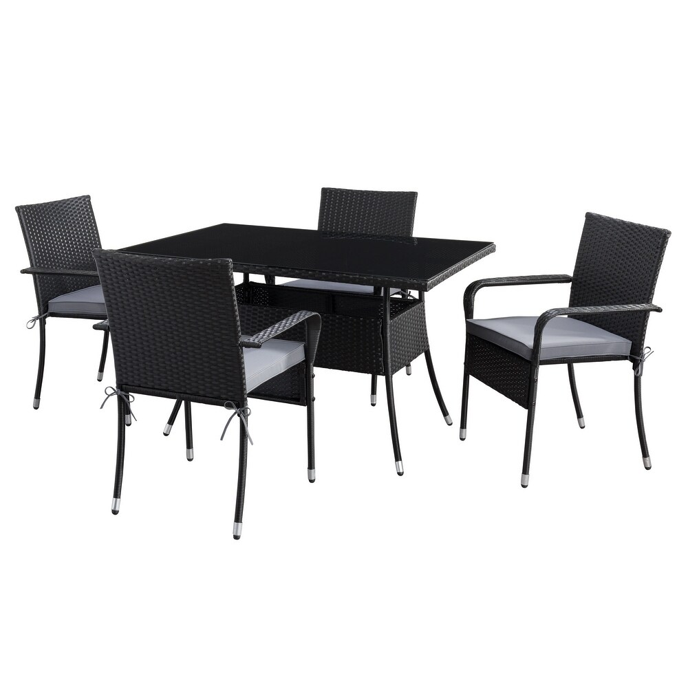 CorLiving Parksville Rectangle Patio Dining Set  Stackable Chairs   Black Finish/Ash Grey Cushions 5pc