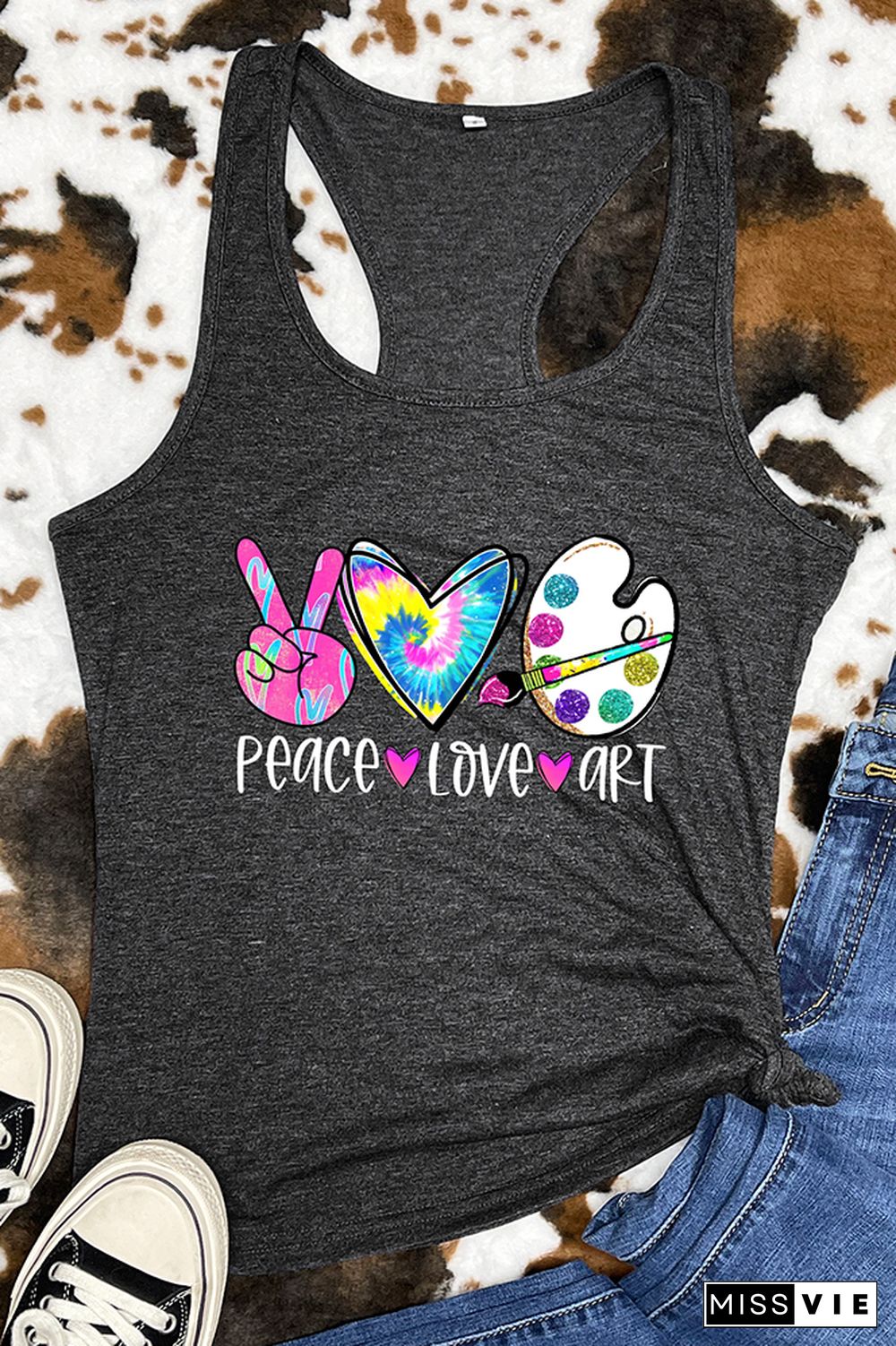 Peace Love Art Colorful Tie Dye Printed Sleeveless Tank Top Wholesale