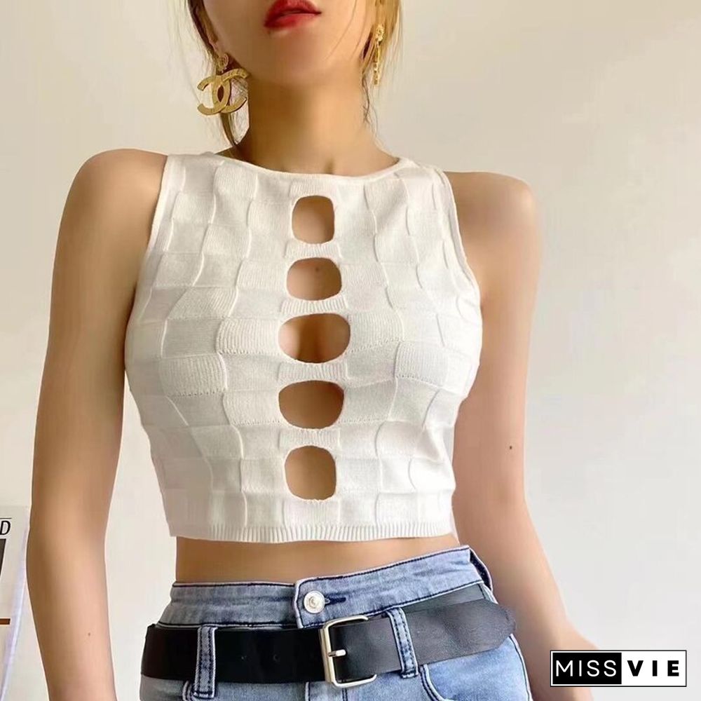 Sexy Hollow Out Crop Tops Women Summer Harajuku Cute Solid Tank Top Fashion Y2k Knitted Vest Casual Korean Streetwear Tops