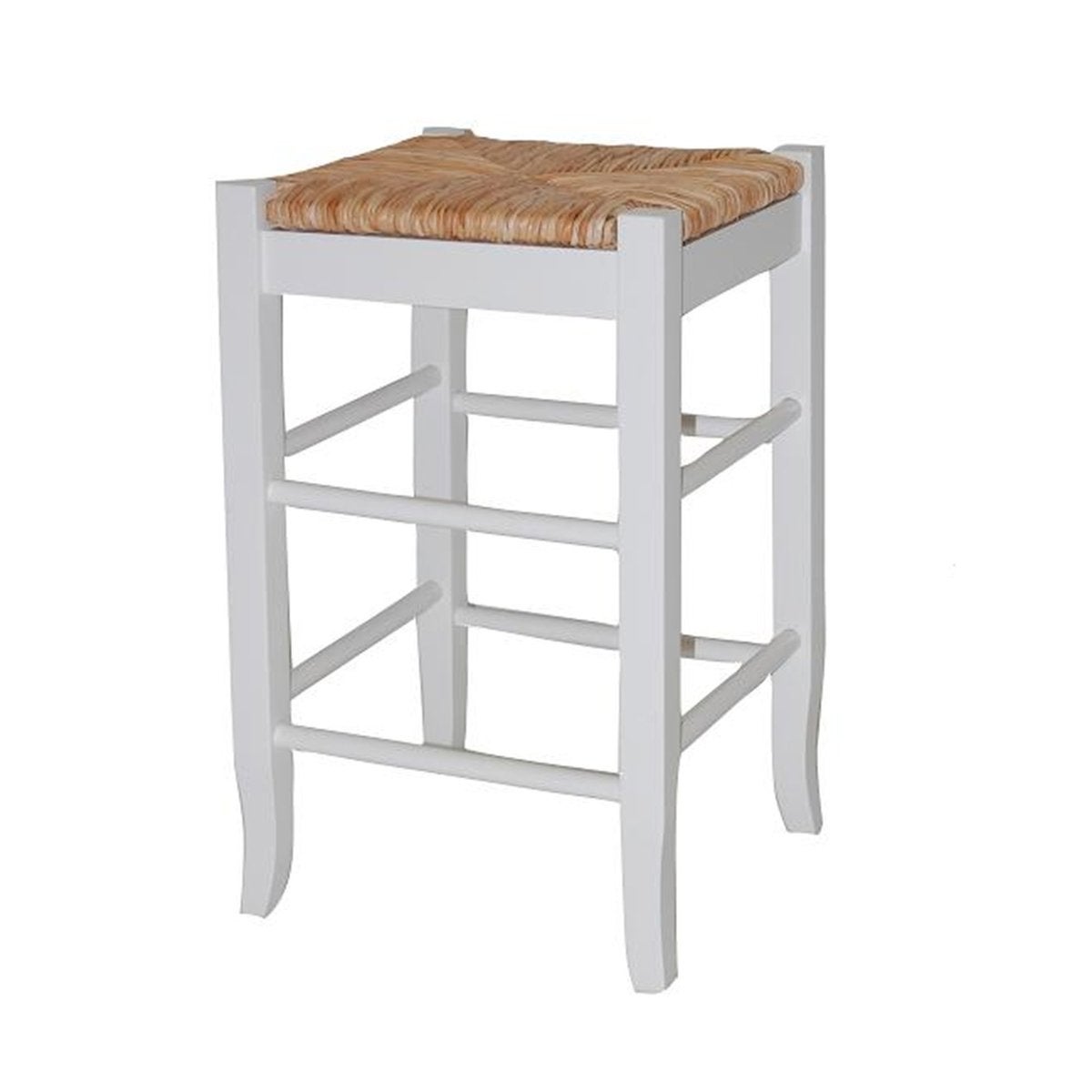 Square Wooden Frame Counter Stool with Hand Woven Rush， White and Brown - 24 H x 14.5 W x 14.5 L Inches