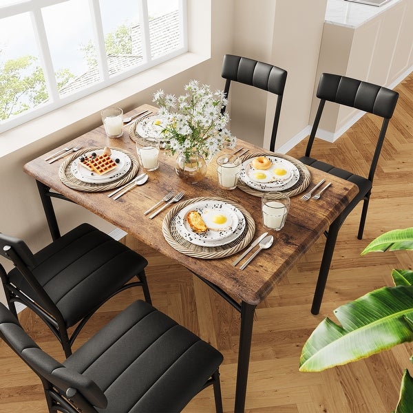 Dining Table Set for 4， Kitchen Table and Chairs， Metal and Wood Rectangular Dining Room Table Set with 4 Upholstered Chairs