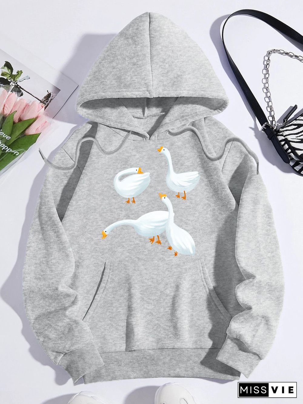 Printed on front Kangaroo Pocket Hoodie Long Sleeve for Women Pattern Gooses