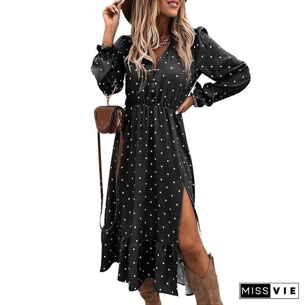 New Winter Autumn Woman Clothes Black V-neck Long Sleeve Dress Polka Dot Printing Slit Dresses Fashion Fall Women Clothing